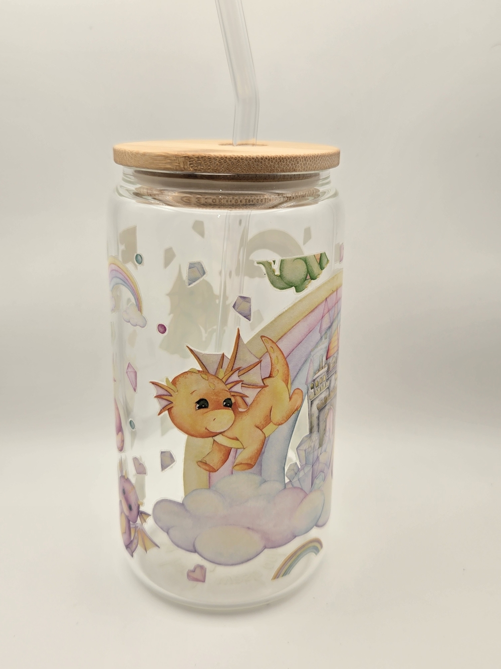 Glass Drinking Tumbler with Bamboo Lid - Pastel Orange Dragon 16oz